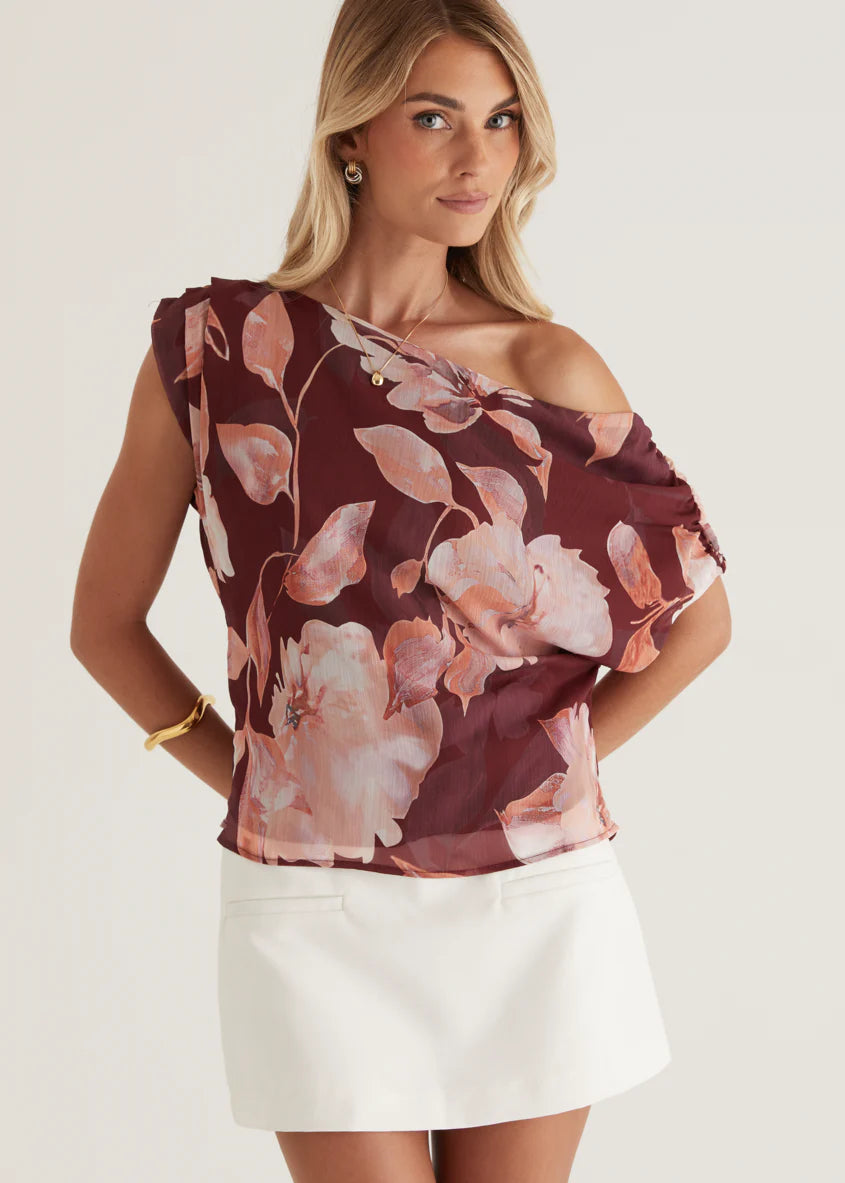 Tatum Off Shoulder Top - Burgundy Floral