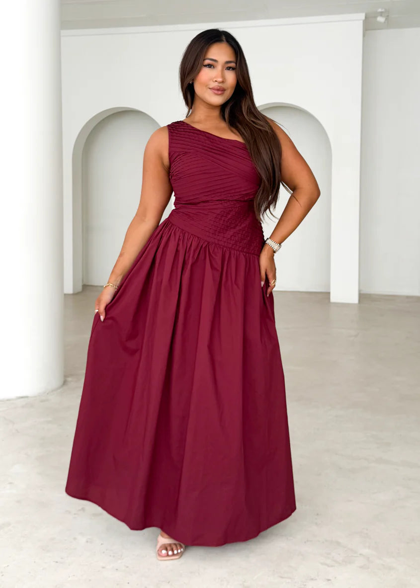 Tazzy One Shoulder Maxi Dress - Burgundy