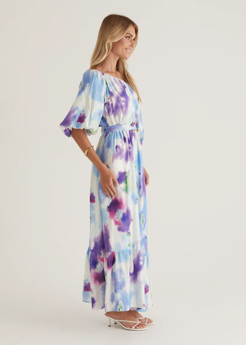 Halia Off Shoulder Midi Dress - Violet Watercolour