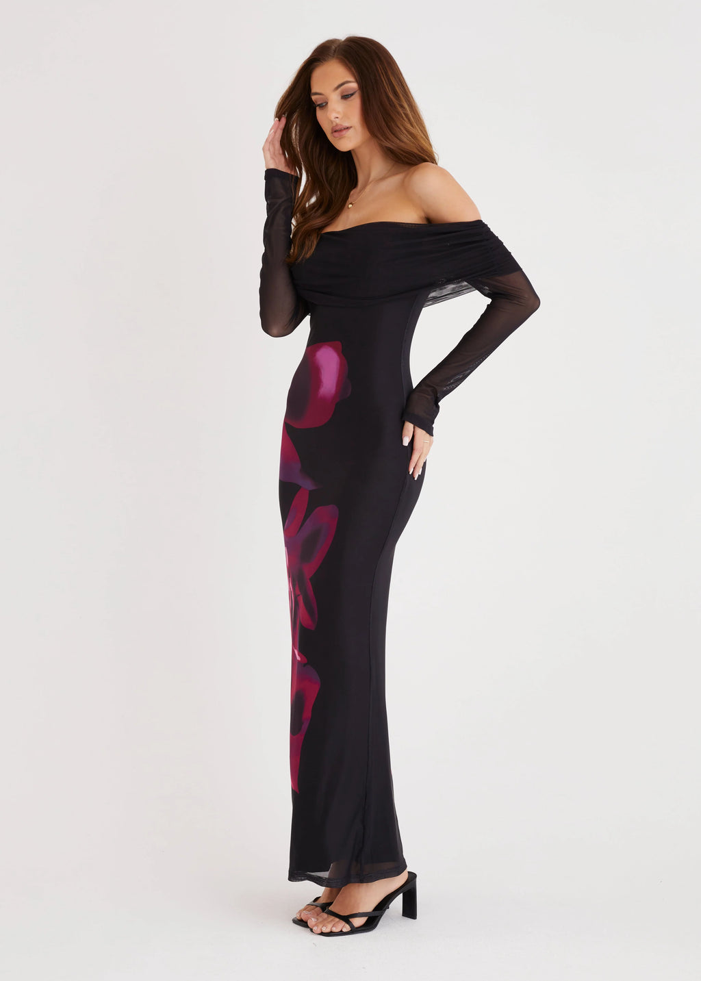 Slate Off Shoulder Mesh Maxi Dress - Black Floral