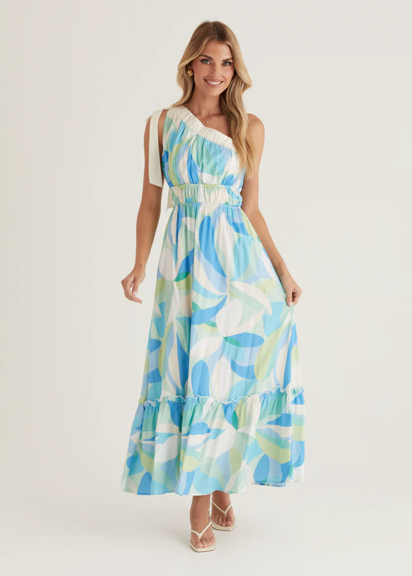 Rainfall One Shoulder Maxi Dress - Blue Abstract