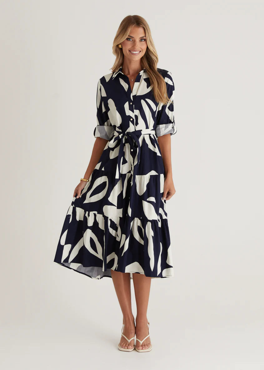 Maybelle Midi Dress - Navy Leaf