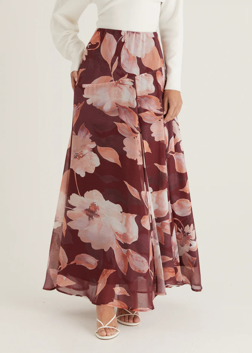 Tatum Maxi Skirt - Burgundy Floral