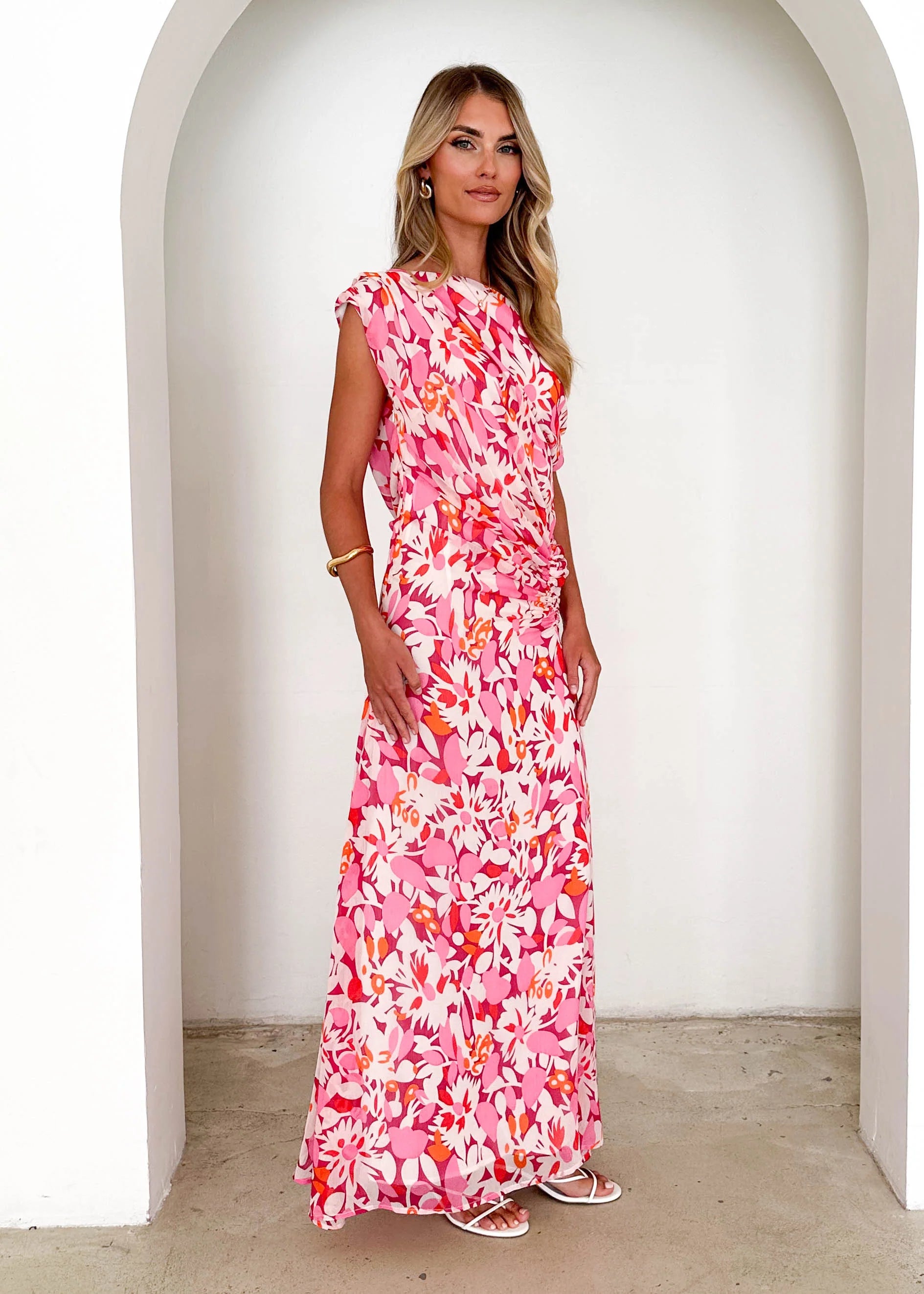 Helix Off Shoulder Midi Dress - Rio Pink