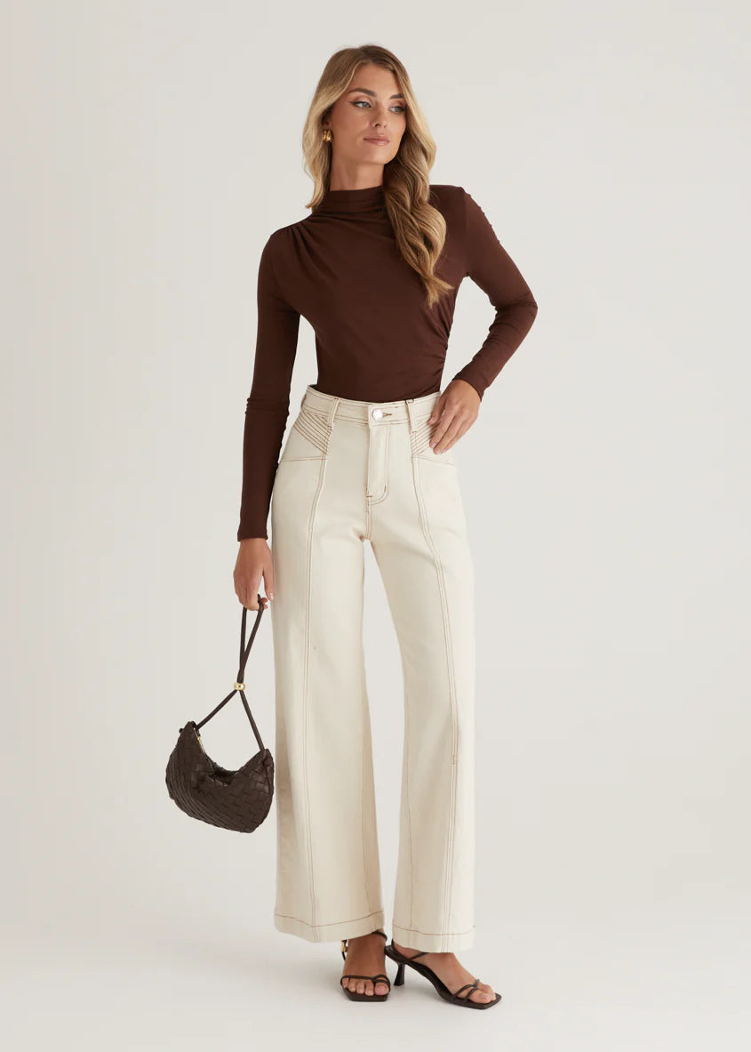 Jess Stretch Wide Leg Jeans - Sand