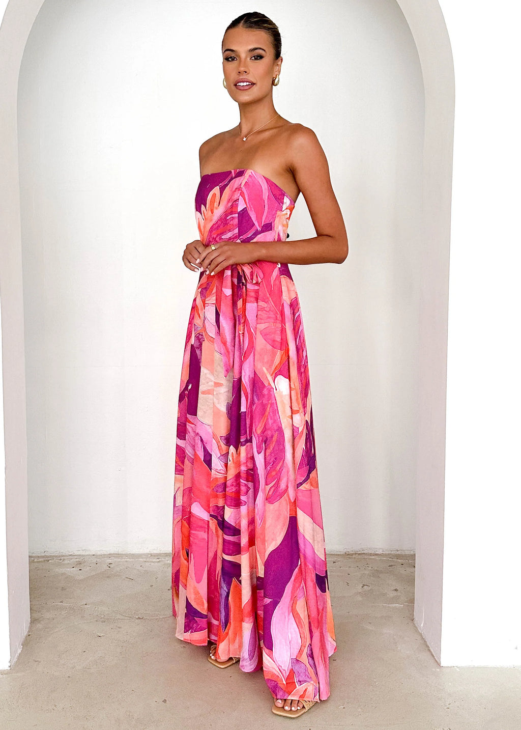 Jorgia Strapless Maxi Dress - Pink Abstract