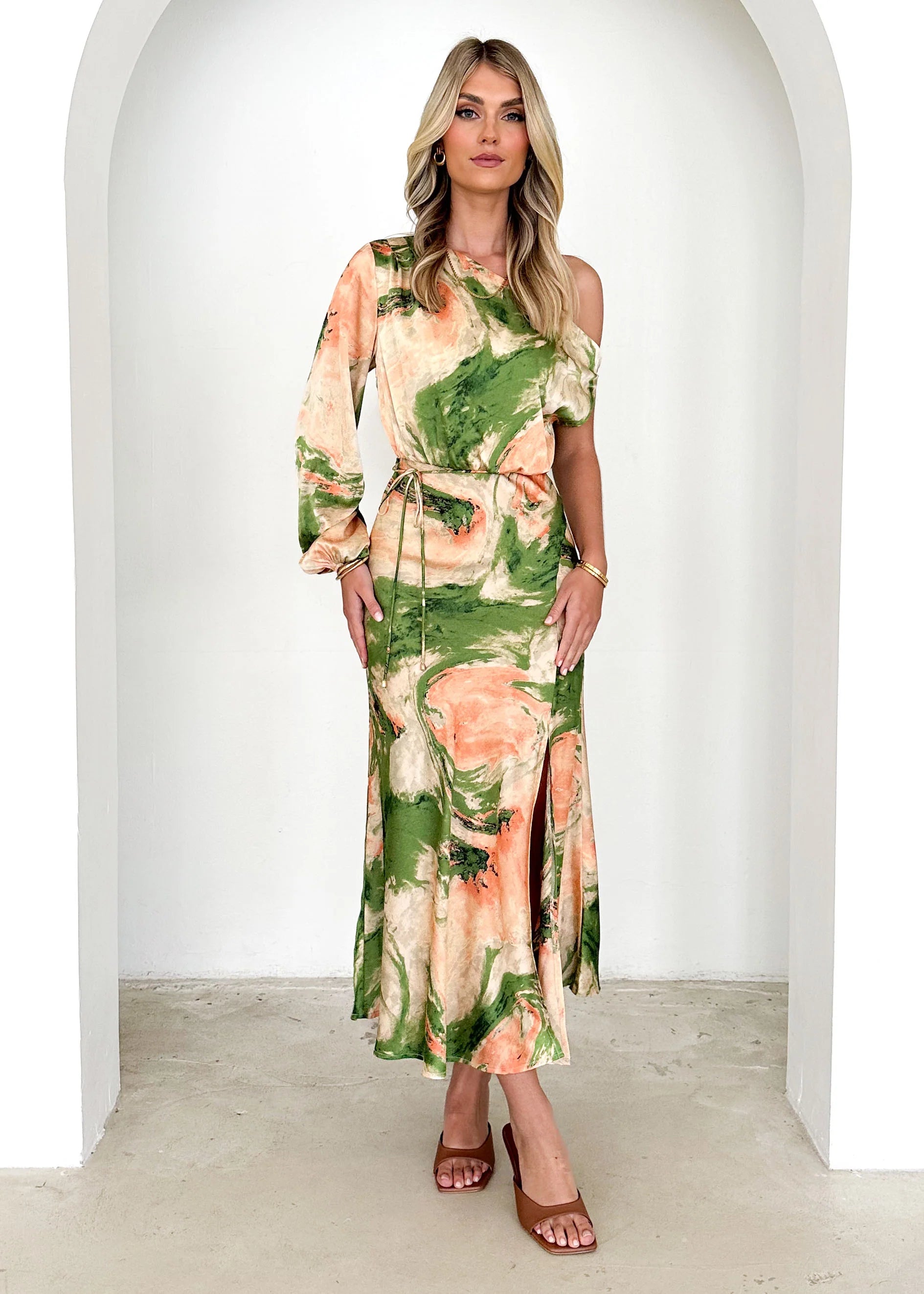 Elanor One Shoulder Midi Dress - Green Splash