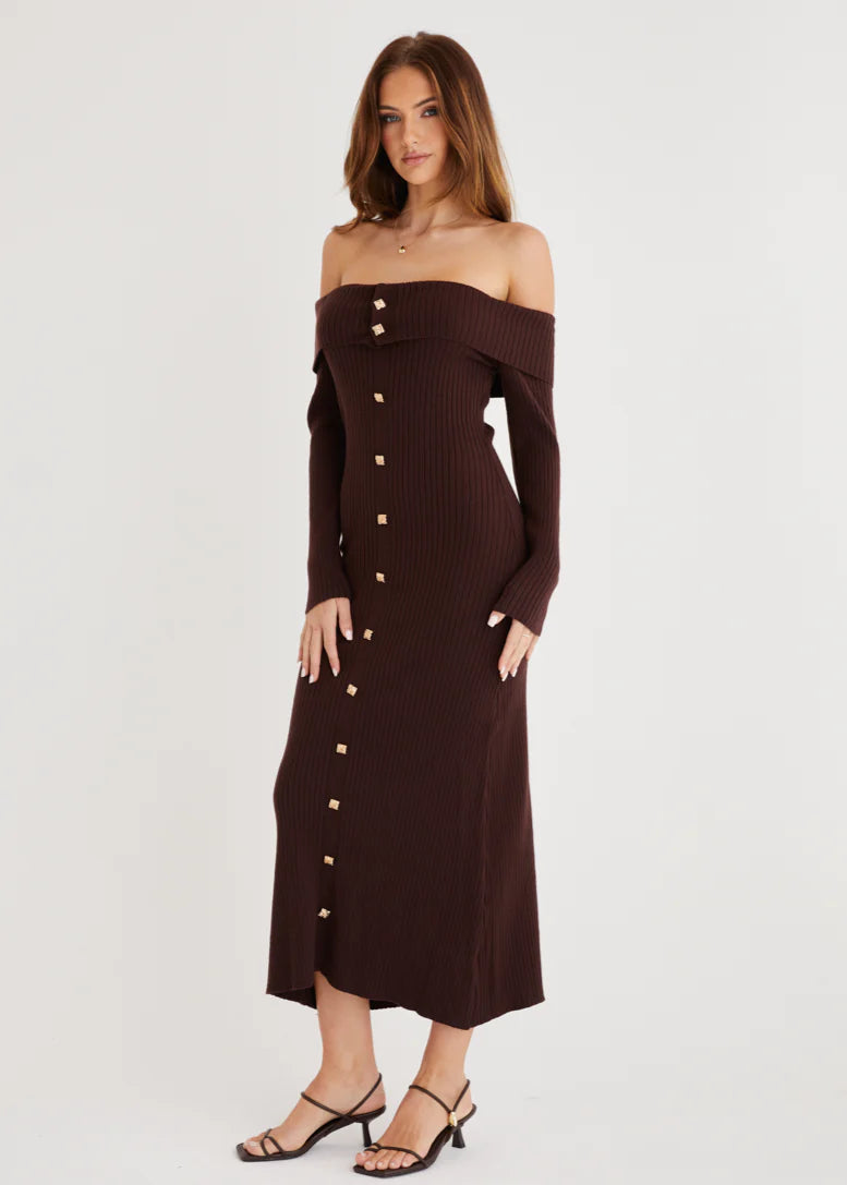 Aloe Off Shoulder Knit Maxi Dress - Chocolate