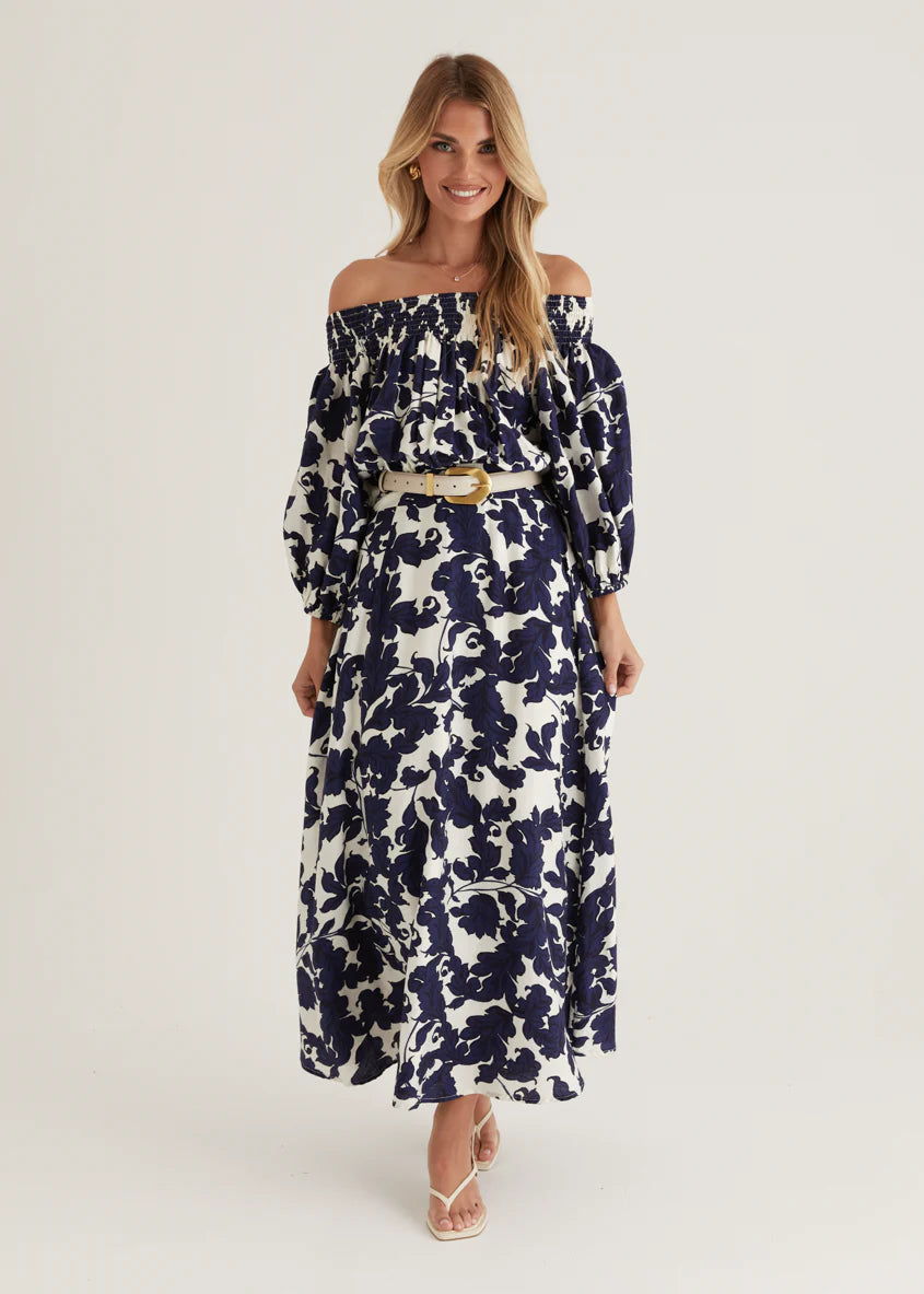 Talu Off Shoulder Midi Dress - Navy Paisley