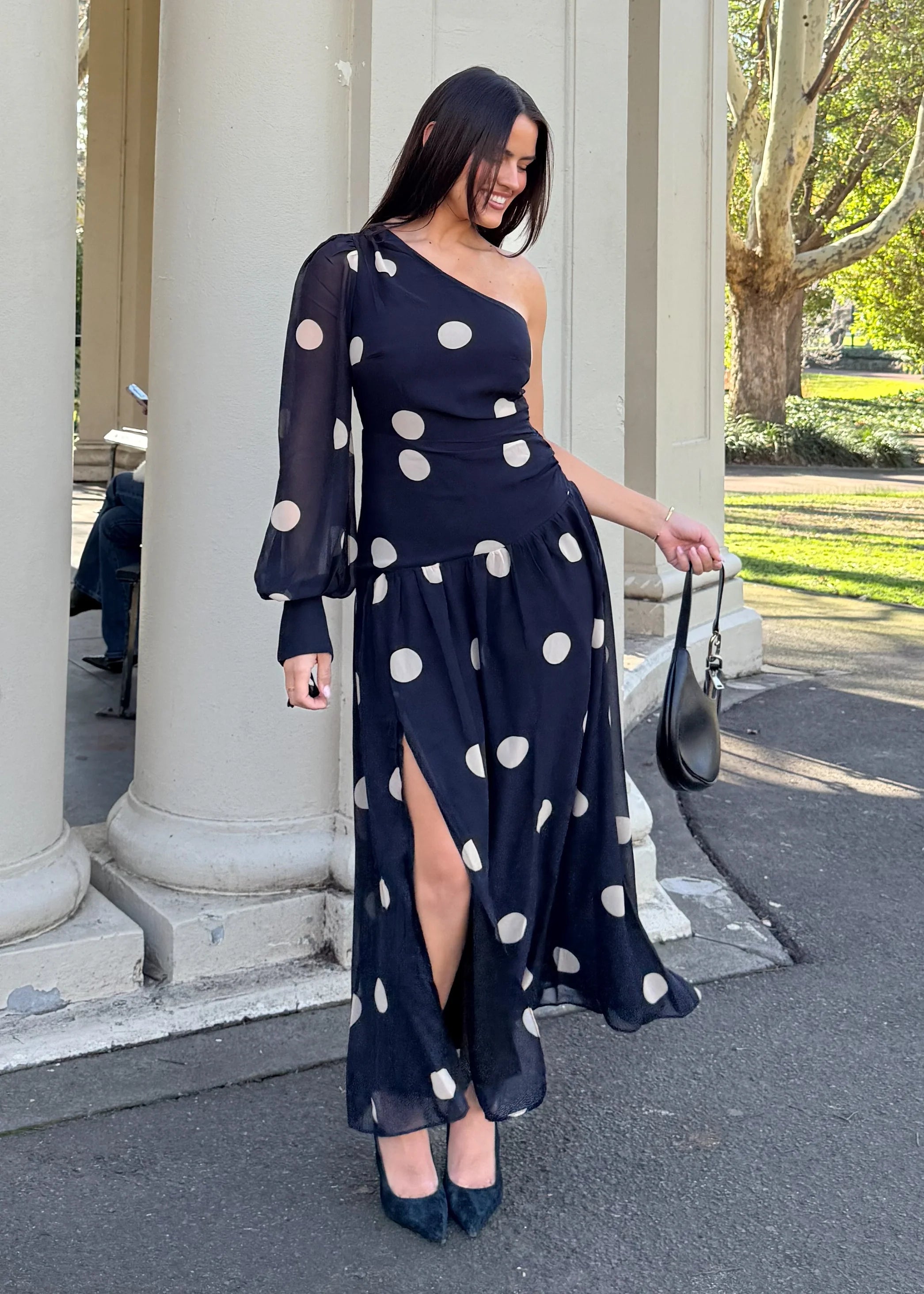 Ella One Shoulder Maxi Dress - Black Polka