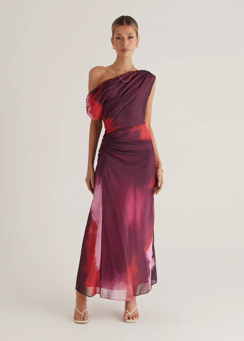 Byron One Shoulder Maxi Dress - Plum Tie Dye