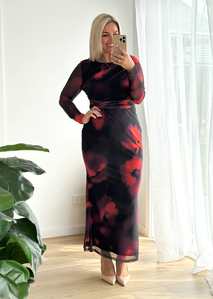 Ashville Mesh Maxi Dress - Black Watercolour