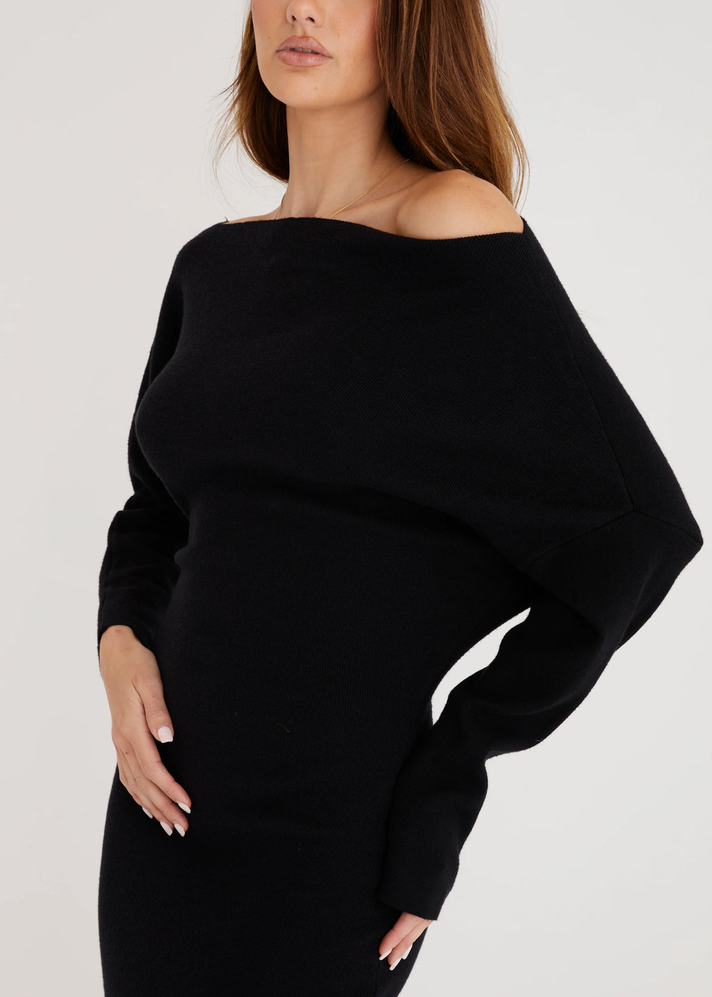 Milena Drop Shoulder Knit Midi Dress - Black