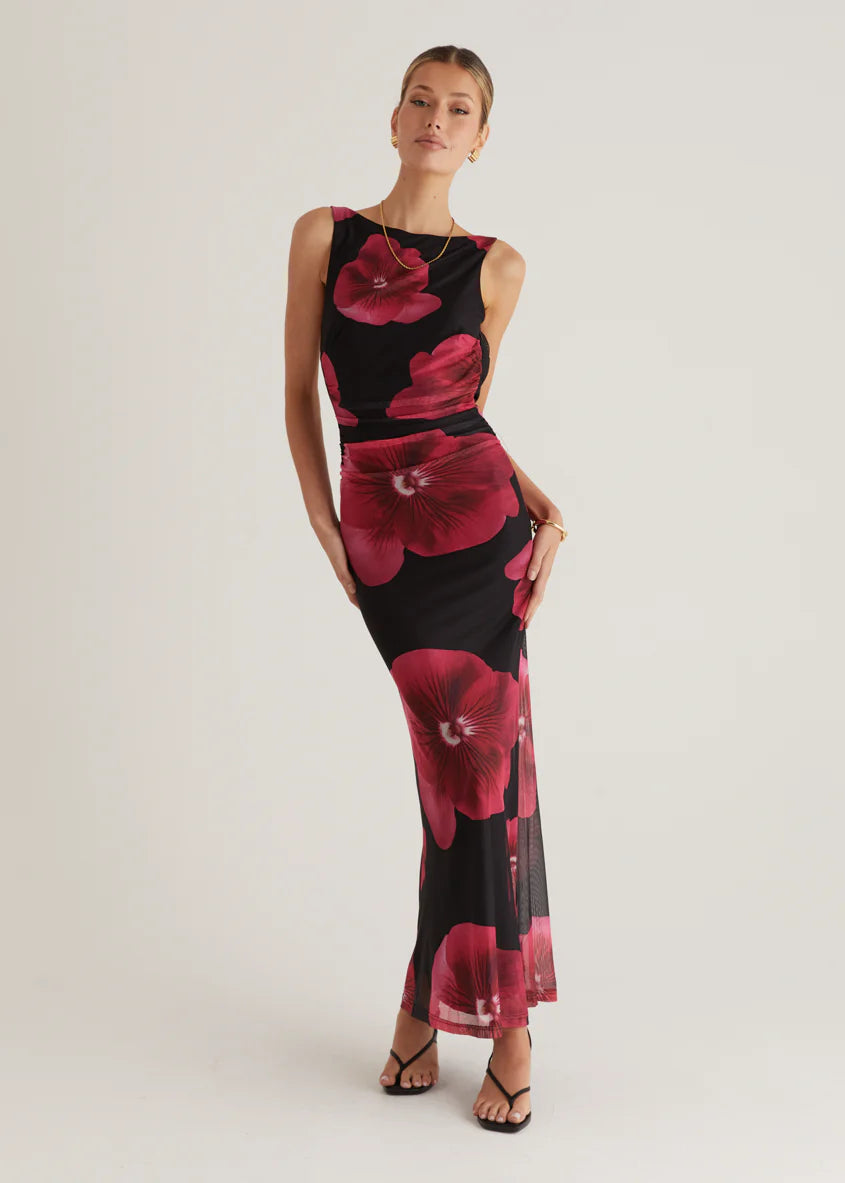 Rivka Mesh Maxi Dress - Black Floral
