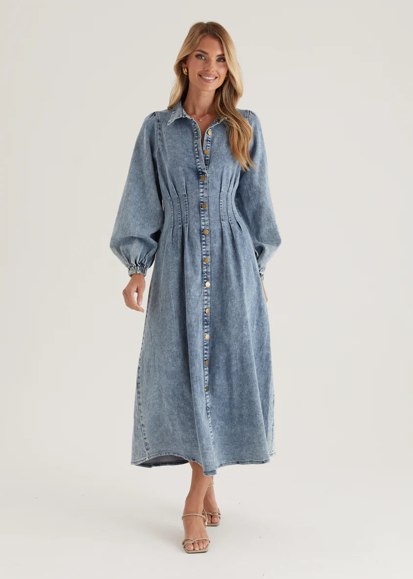 Karliat Denim Maxi Dress - Mid Blue