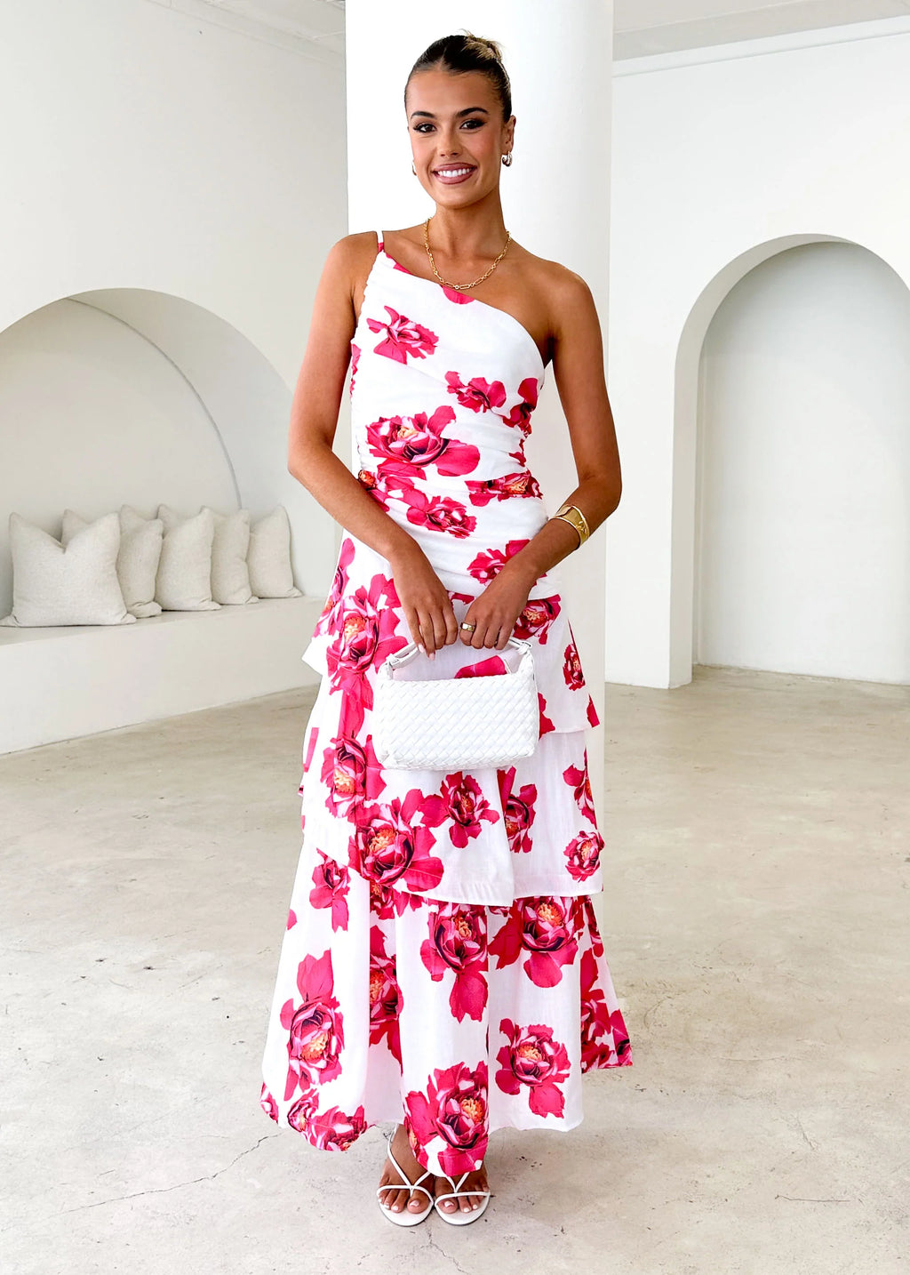 Aspra One Shoulder Midi Dress - Red Floral