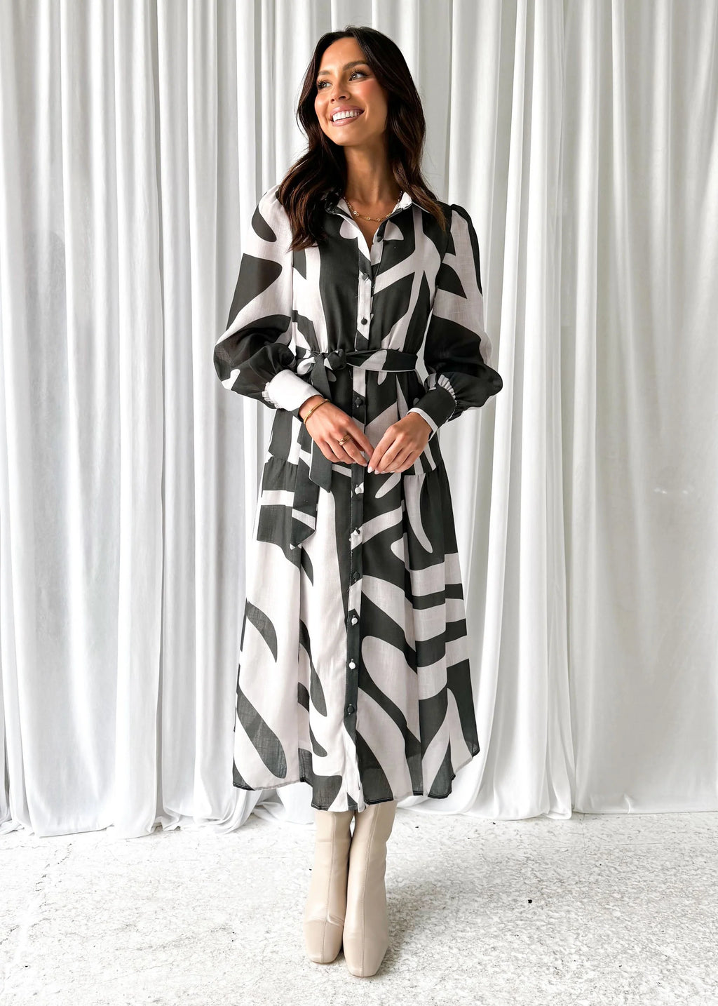 Jovie Midi Dress - Khaki Abstract