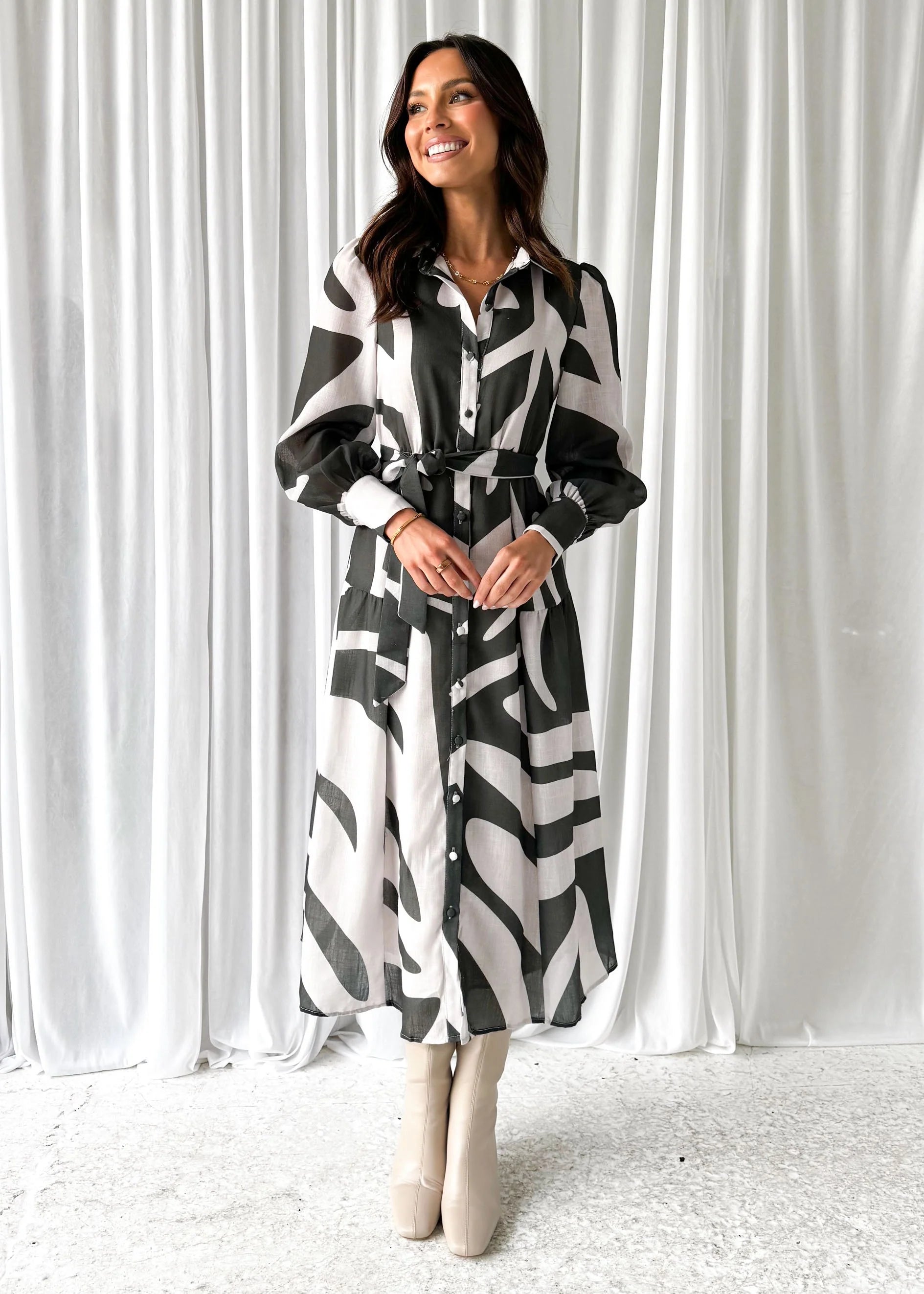 Jovie Midi Dress - Khaki Abstract