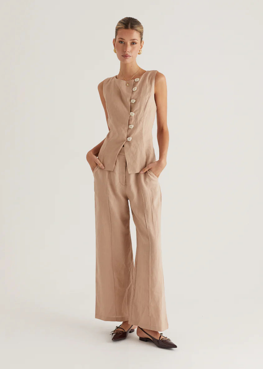 Thalia Linen Vest Top - Taupe