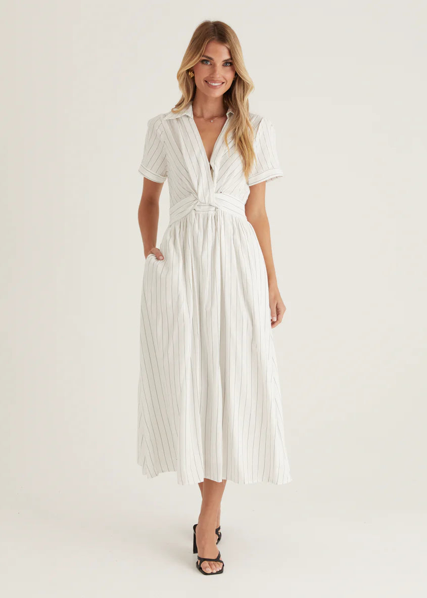Santana Midi Dress - White Pinstripe