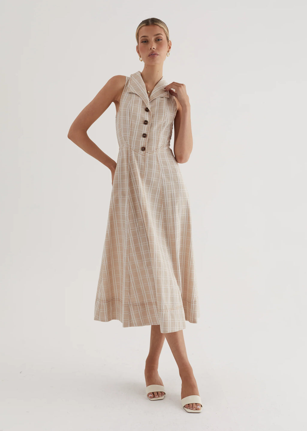 Annie Midi Dress - Beige Check