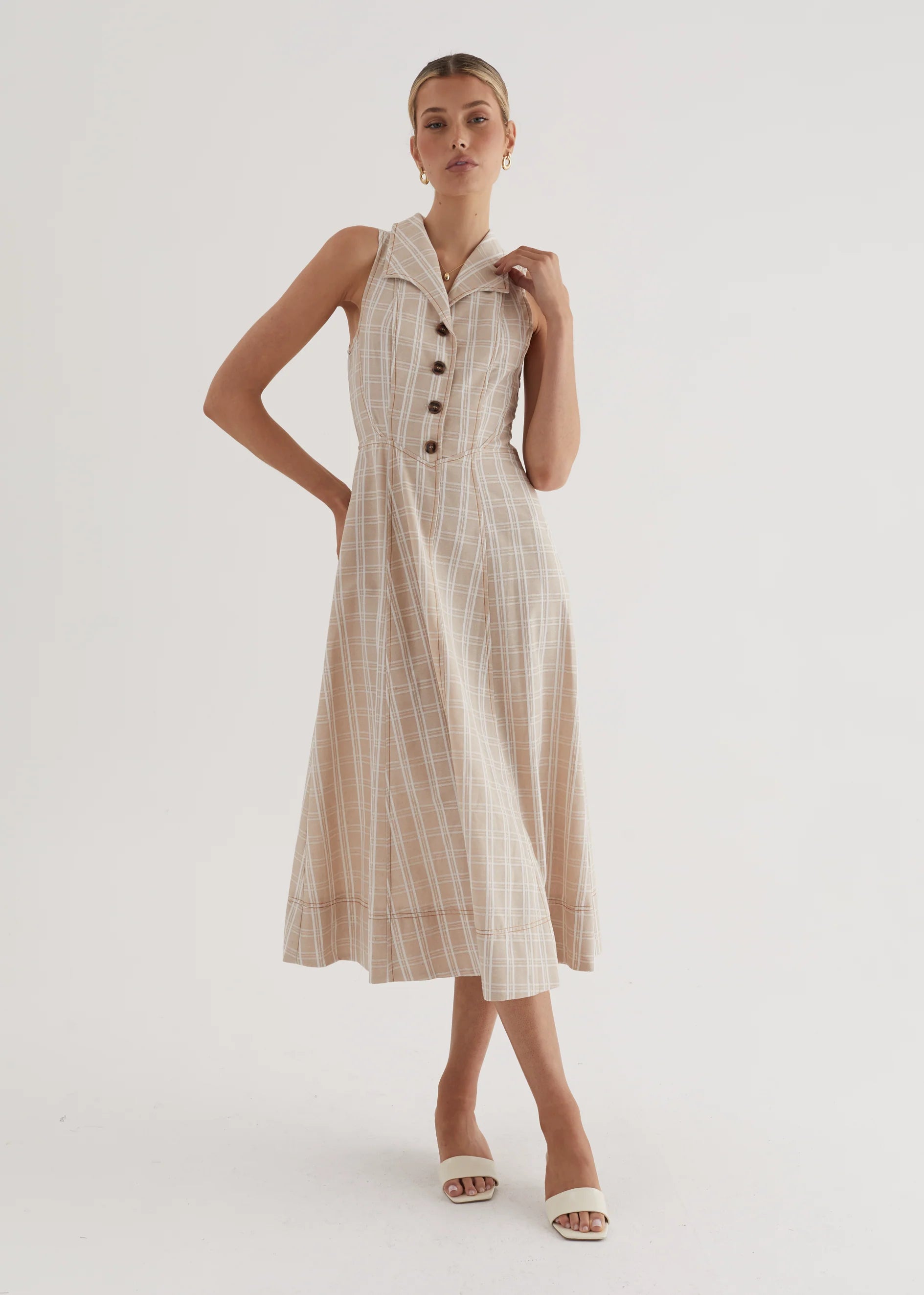 Annie Midi Dress - Beige Check
