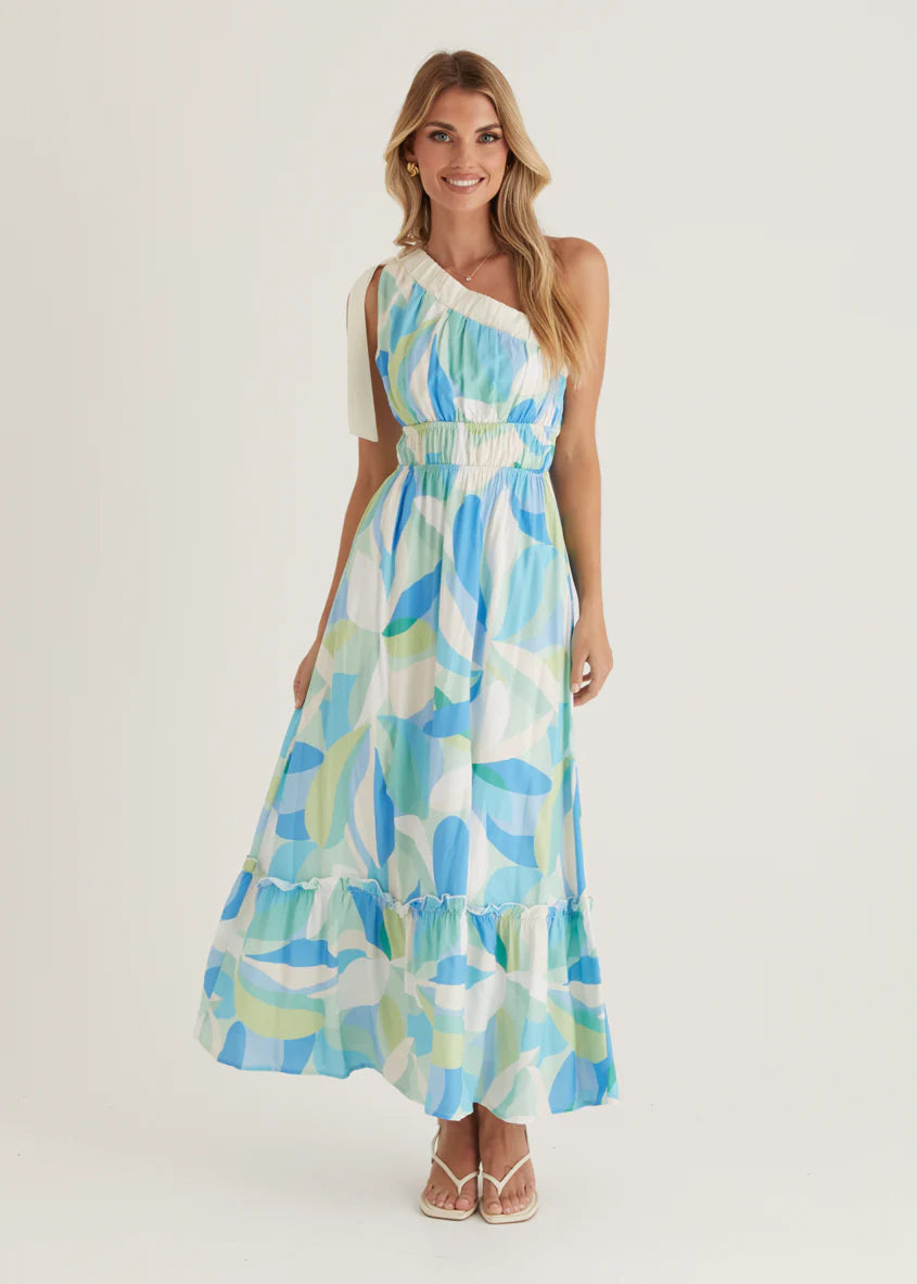 Rainfall One Shoulder Maxi Dress - Blue Abstract