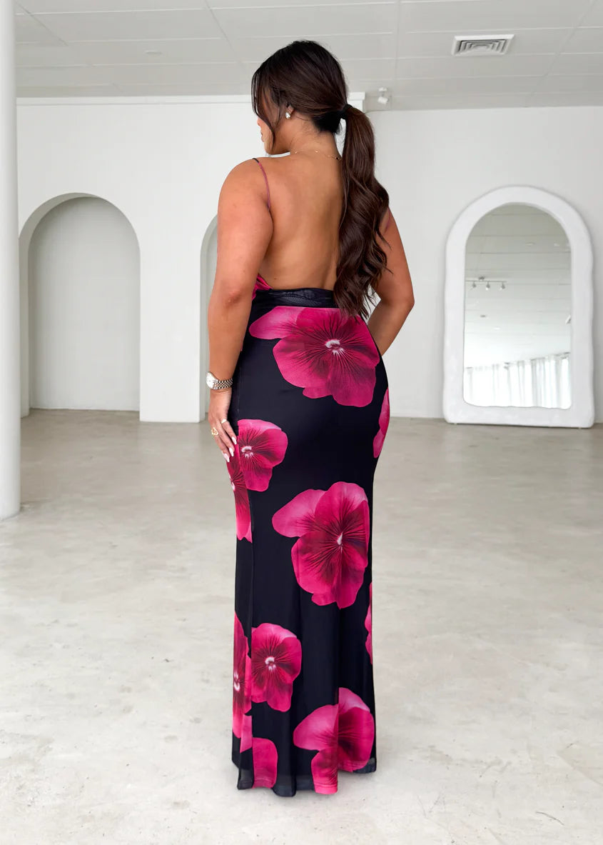 Rivka Mesh Maxi Dress - Black Floral