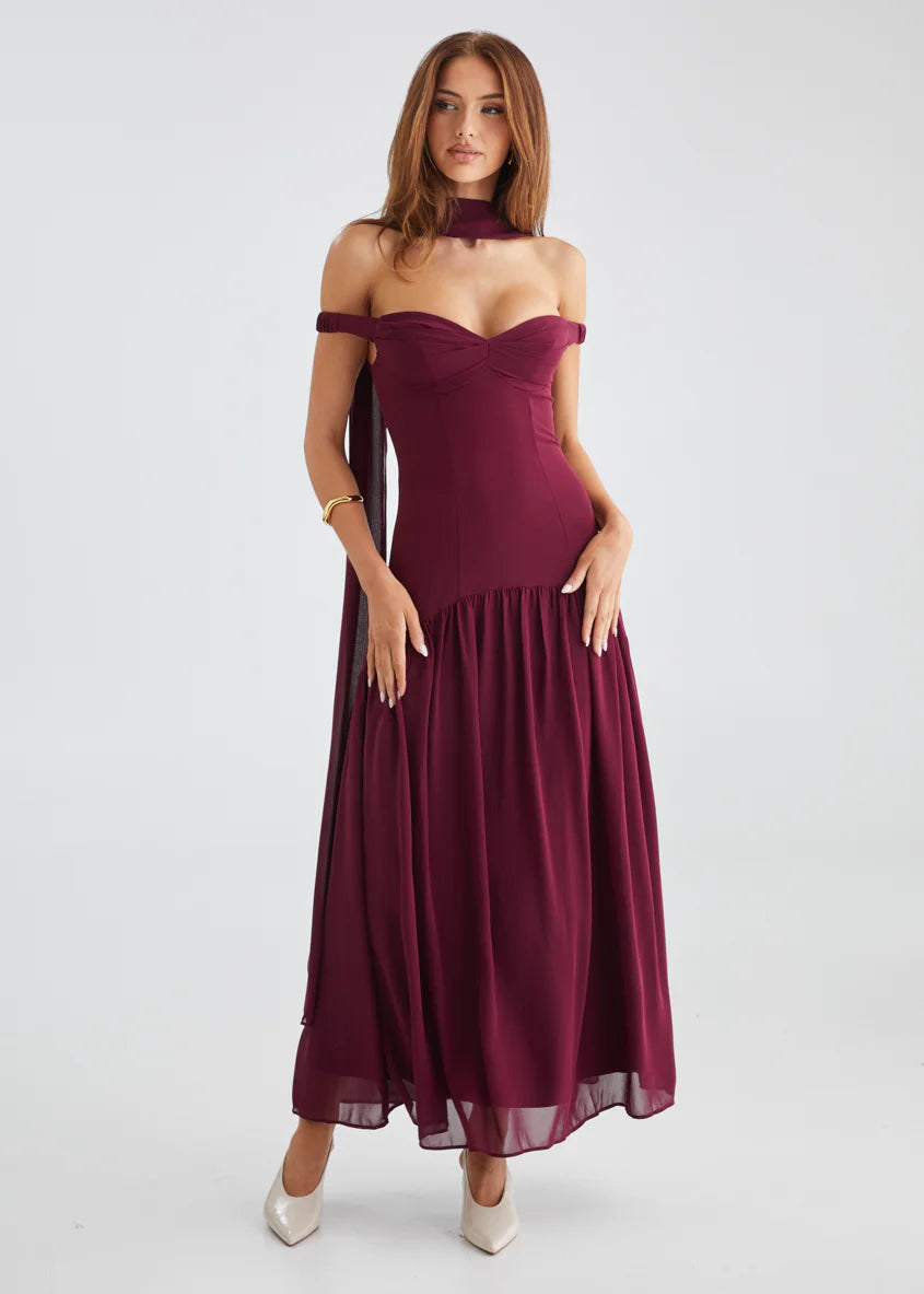 Kirah Off Shoulder Maxi Dress - Wine