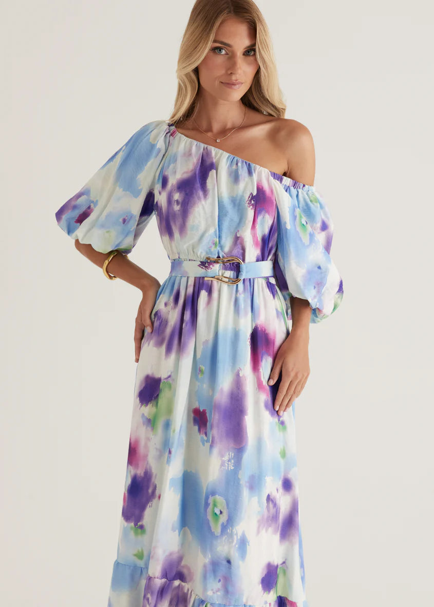 Halia Off Shoulder Midi Dress - Violet Watercolour
