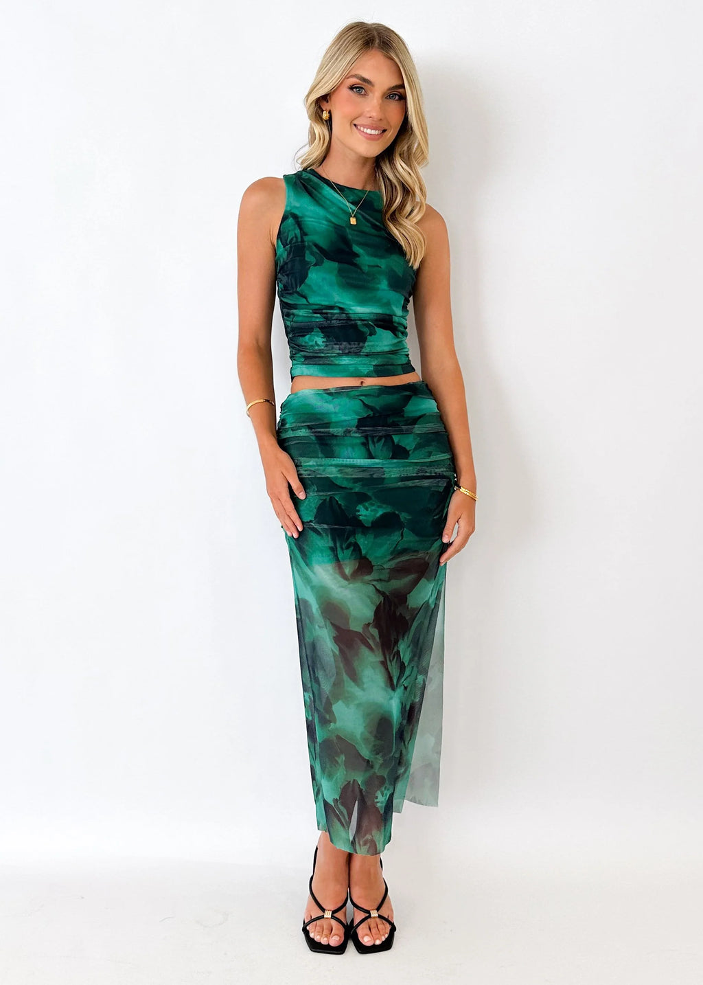 Jalena Mesh Midi Skirt - Emerald