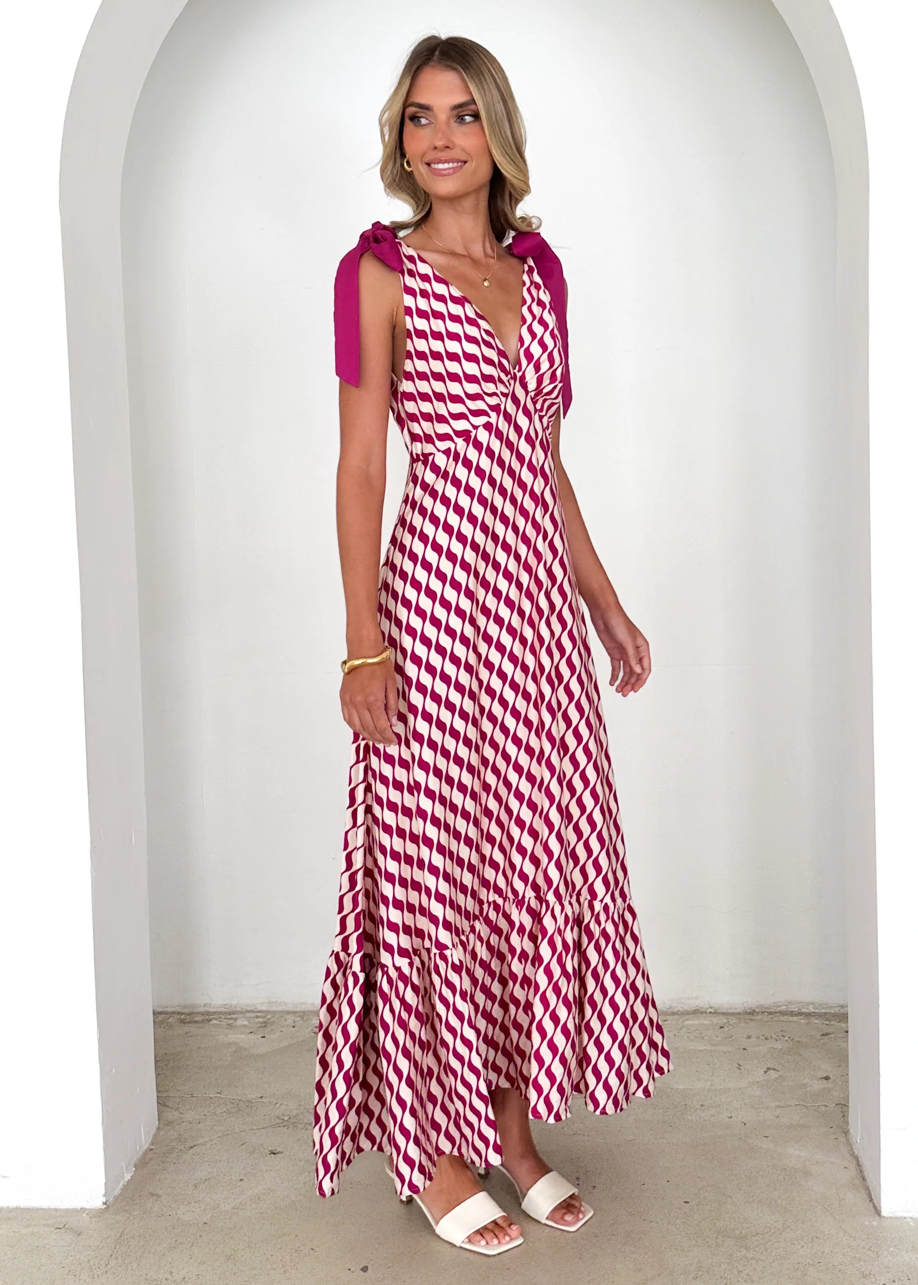 Havannah Tie Midi Dress - Magenta Wave