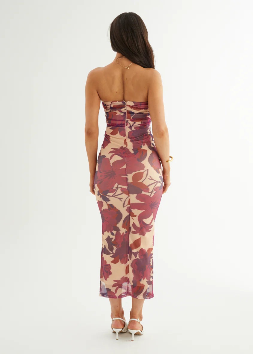May Strapless Mesh Midi Dress - Mulberry Floral