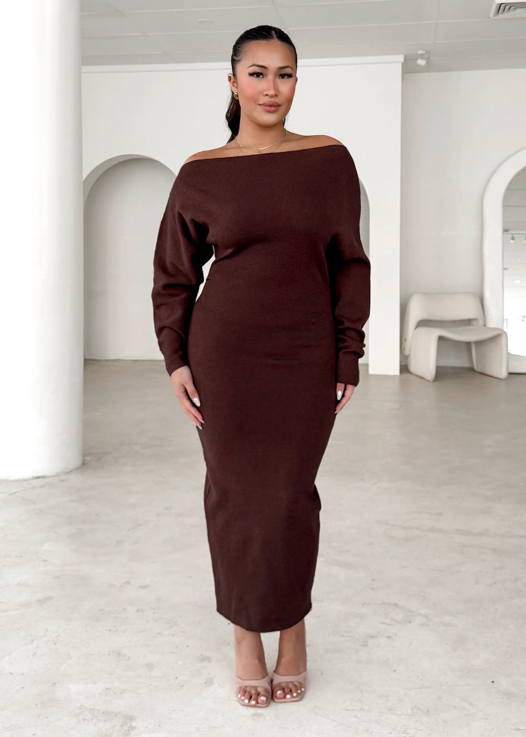 Milena Drop Shoulder Knit Midi Dress - Chocolate
