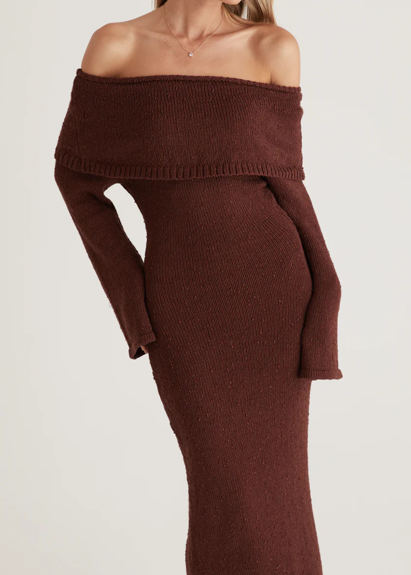 Sky Off Shoulder Knit Midi Dress - Chocolate