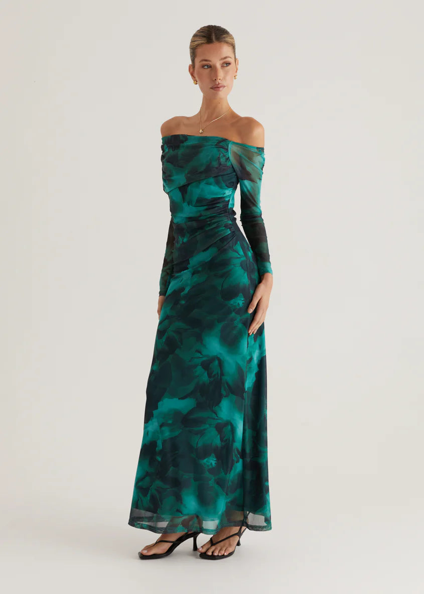 Nix Off Shoulder Maxi Dress - Emerald Watercolour