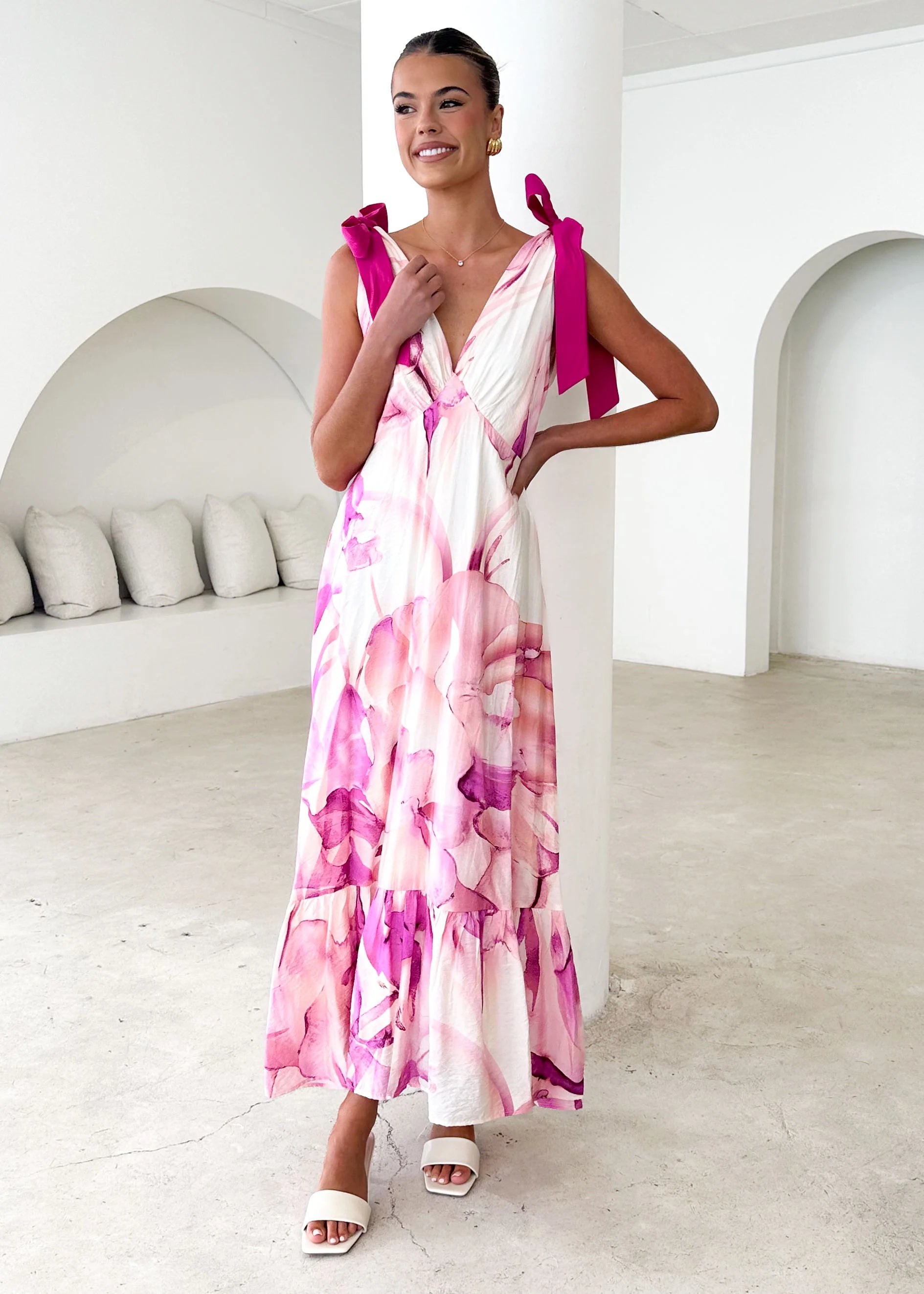 Havannah Tie Midi Dress - Fuchsia Flame