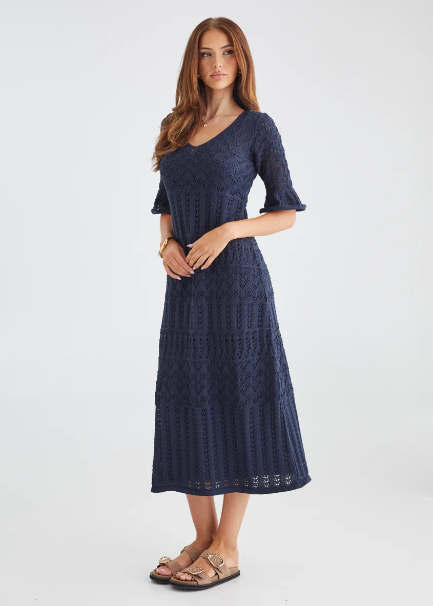 Estrela Crochet Midi Dress - Navy