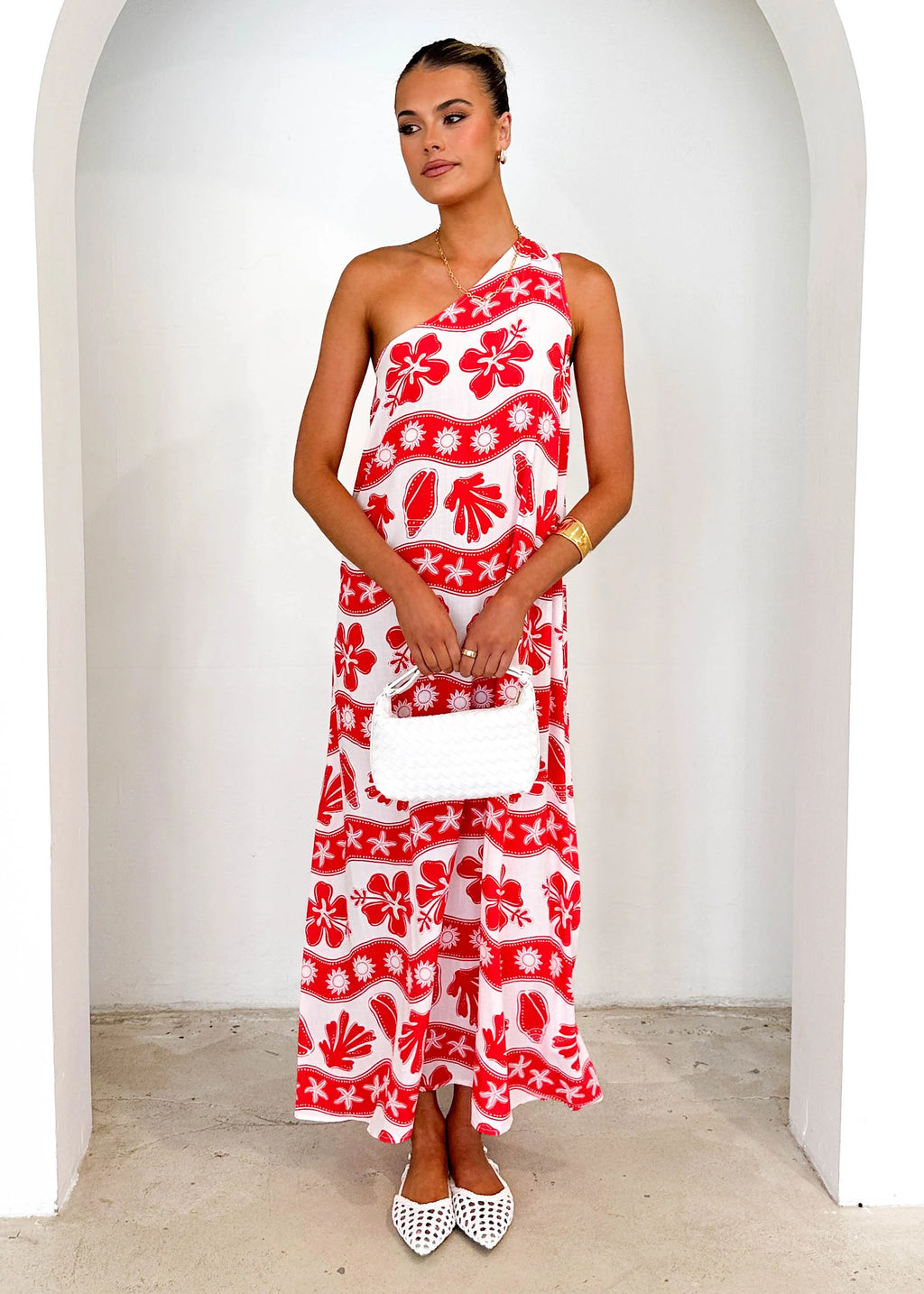 Boderie One Shoulder Maxi Dress - Red Kaida