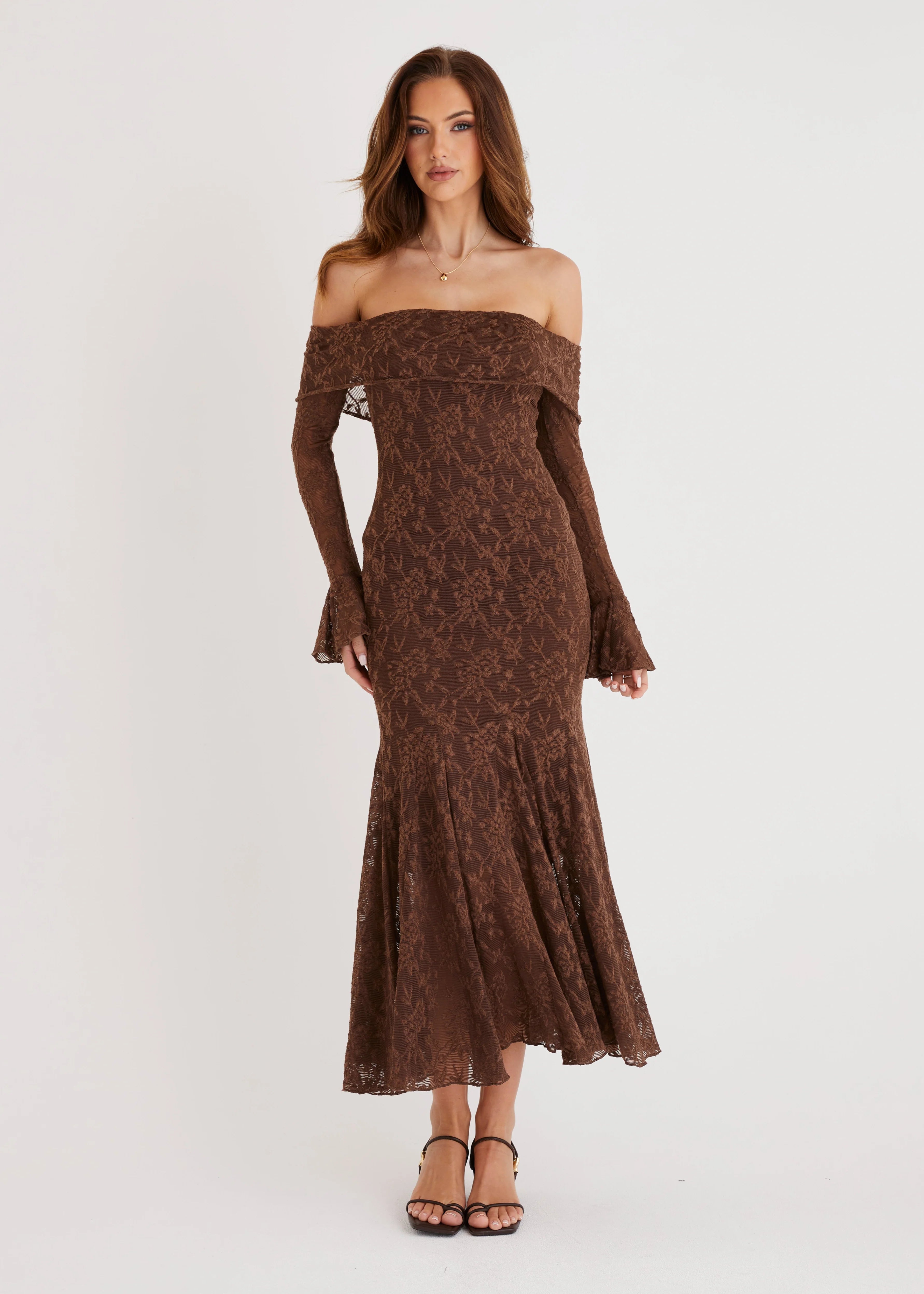 Cabo Off Shoulder Lace Maxi Dress - Chocolate