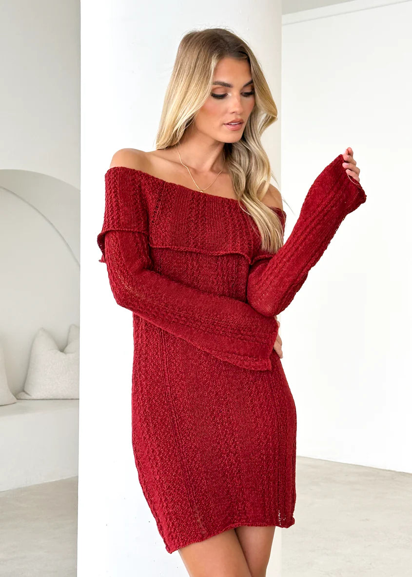 Luna Off Shoulder Knit Dress - Maroon