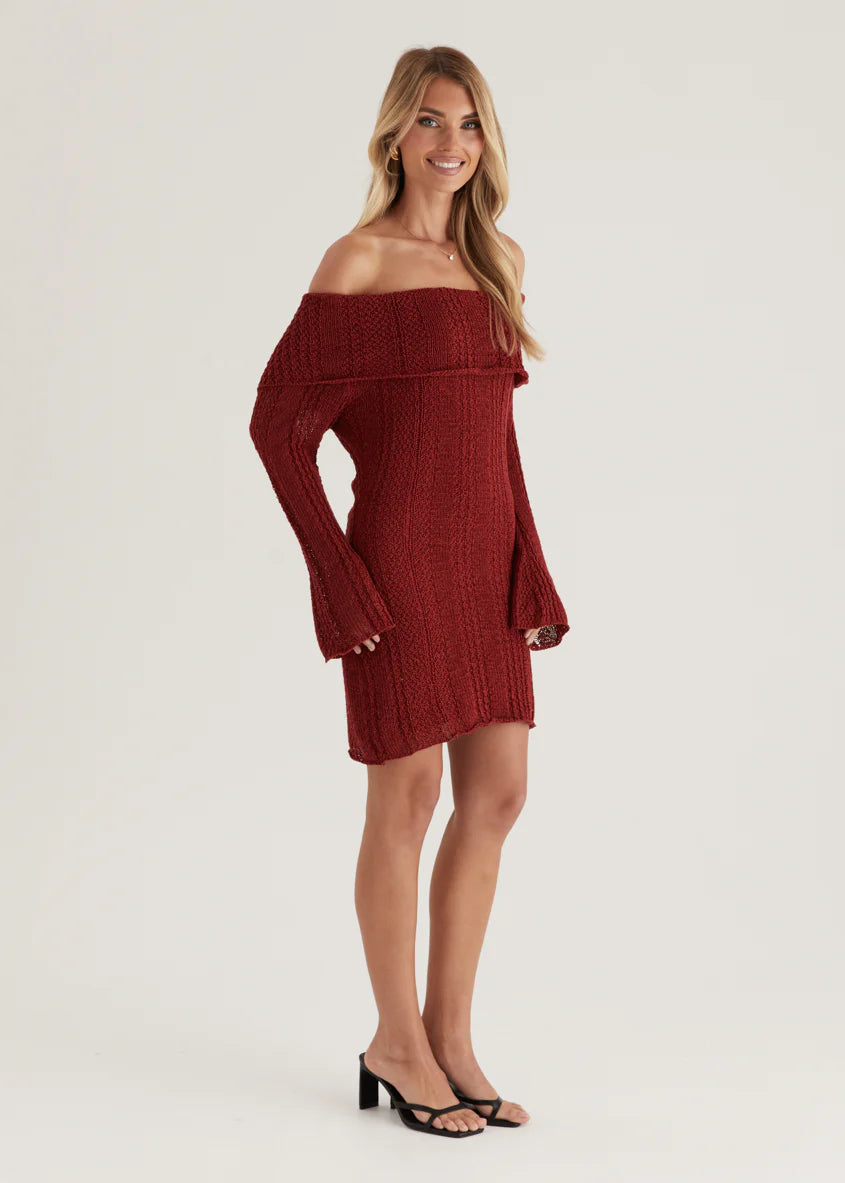 Luna Off Shoulder Knit Dress - Maroon