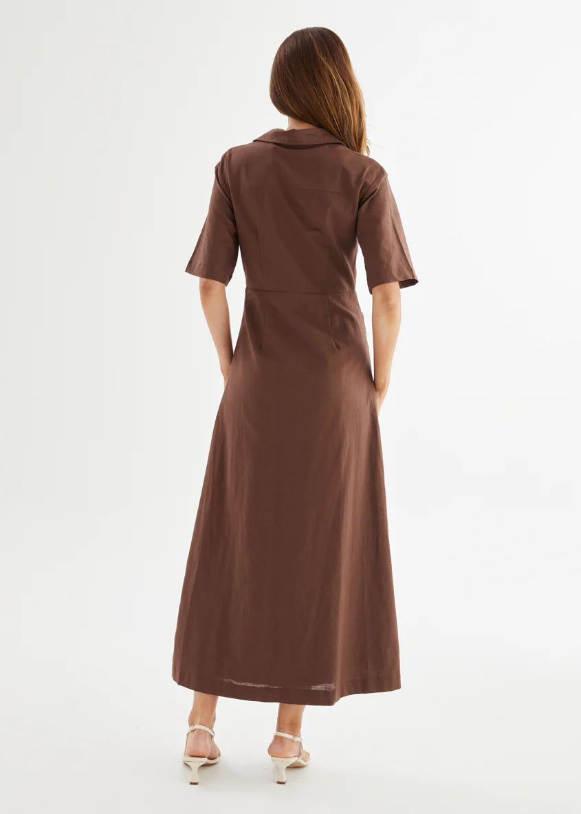 Stellar Linen Midi Dress - Espresso