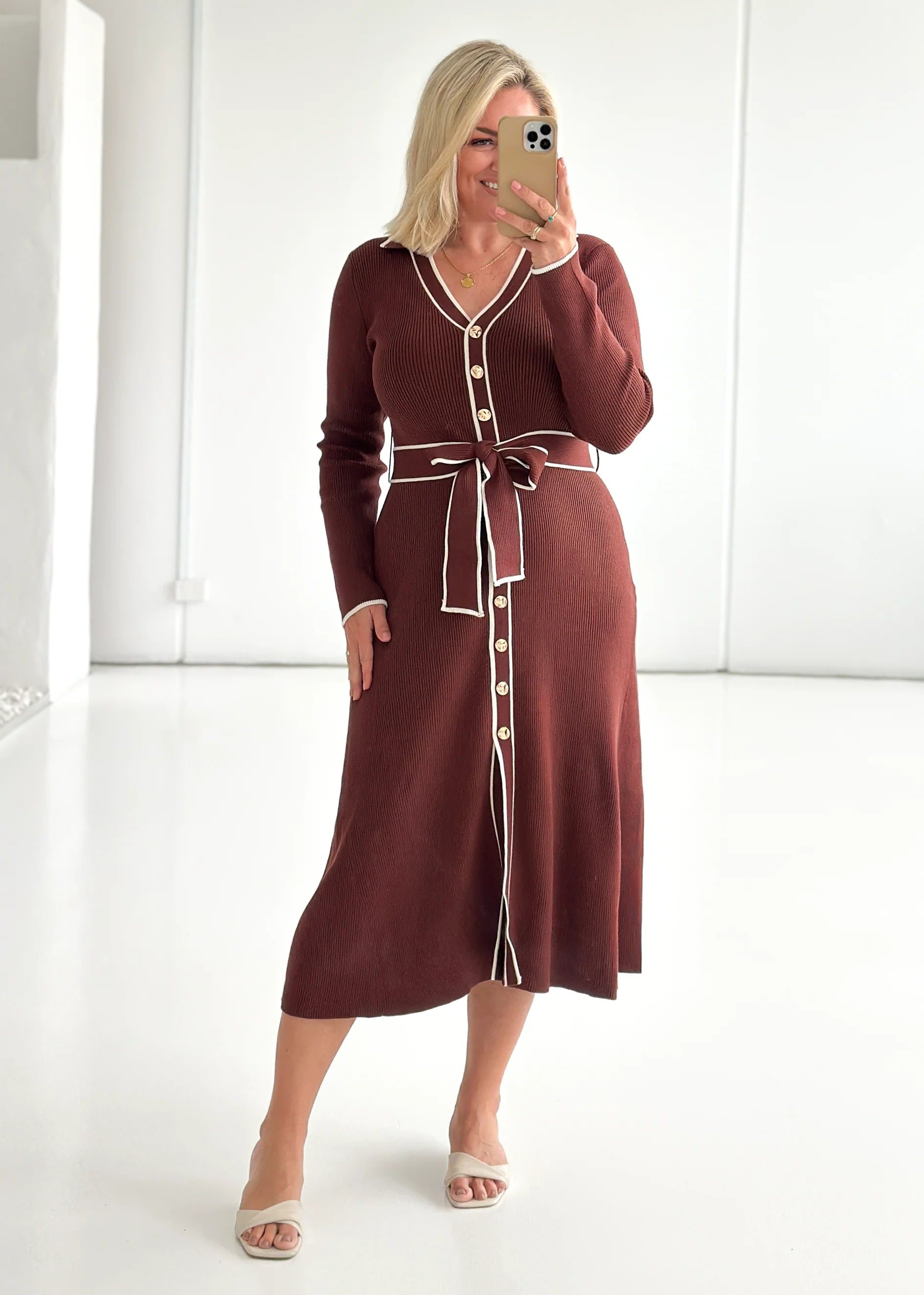 Stephanie Knit Midi Dress - Brown