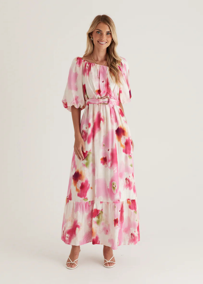 Halia Off Shoulder Midi Dress - Pink Watercolour