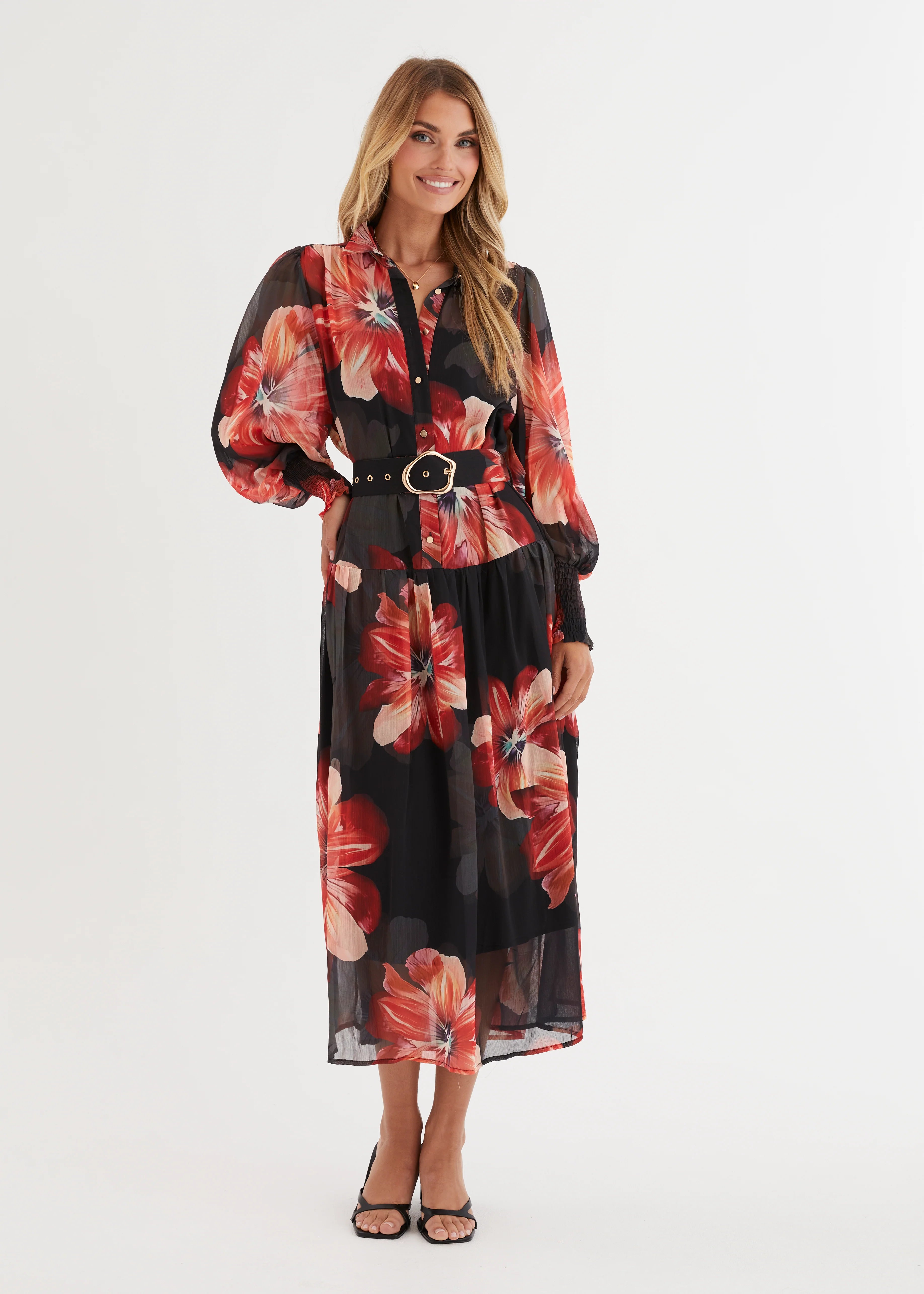 Aleera Midi Dress - Black Floral