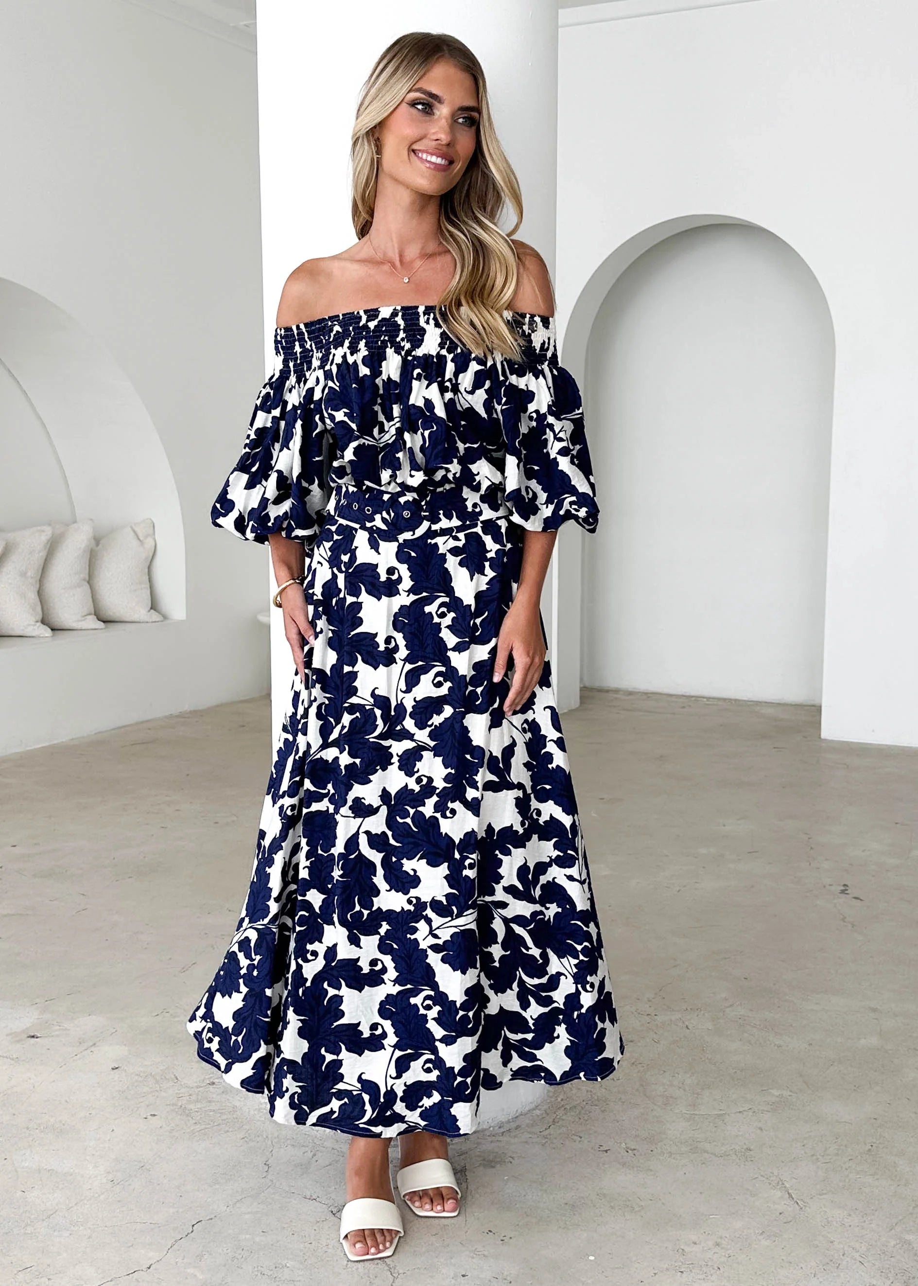 Talu Off Shoulder Midi Dress - Navy Paisley