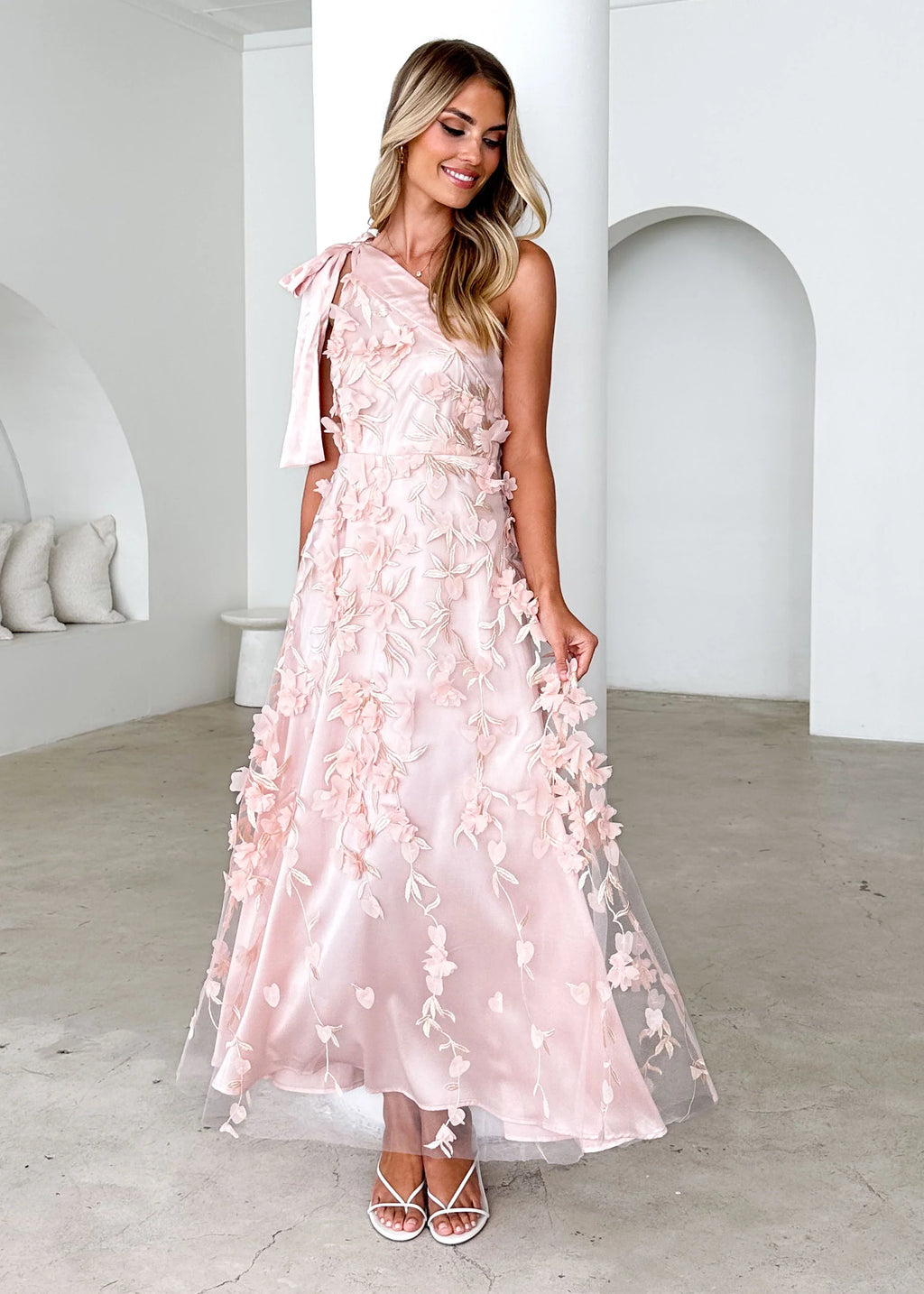 Devotion One Shoulder Midi Dress - Blush