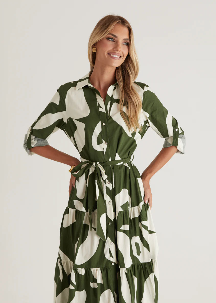 Maybelle Midi Dress - Khaki Leaf