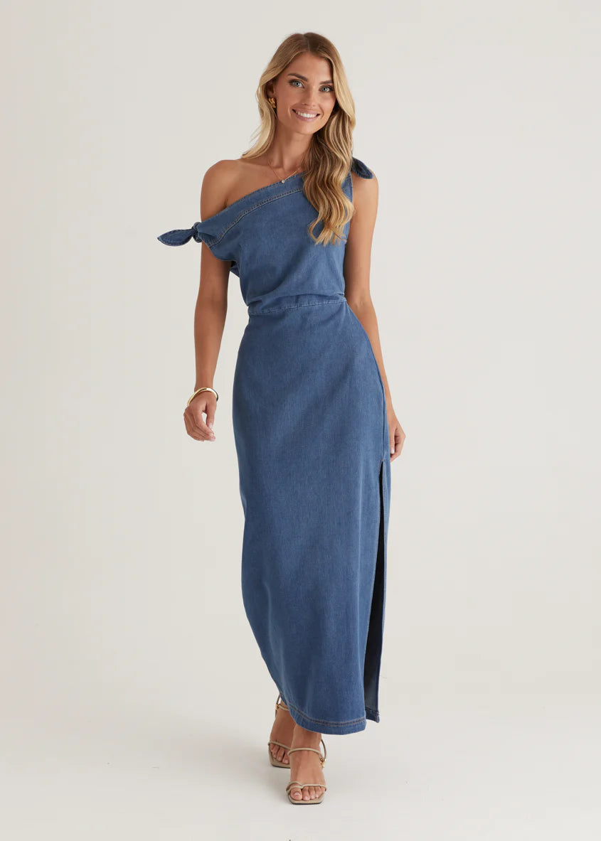 Sicilian One Shoulder Midi Dress - Mid Blue